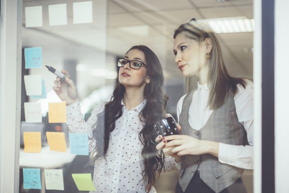 Frauen arbeiten am Scrum Prozess Plan